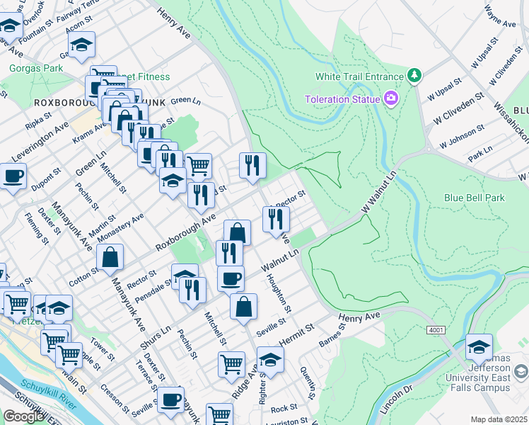map of restaurants, bars, coffee shops, grocery stores, and more near 601 Jamestown Avenue in Philadelphia