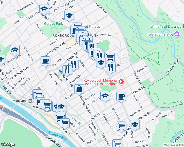 map of restaurants, bars, coffee shops, grocery stores, and more near 441-461 Monastery Avenue in Philadelphia
