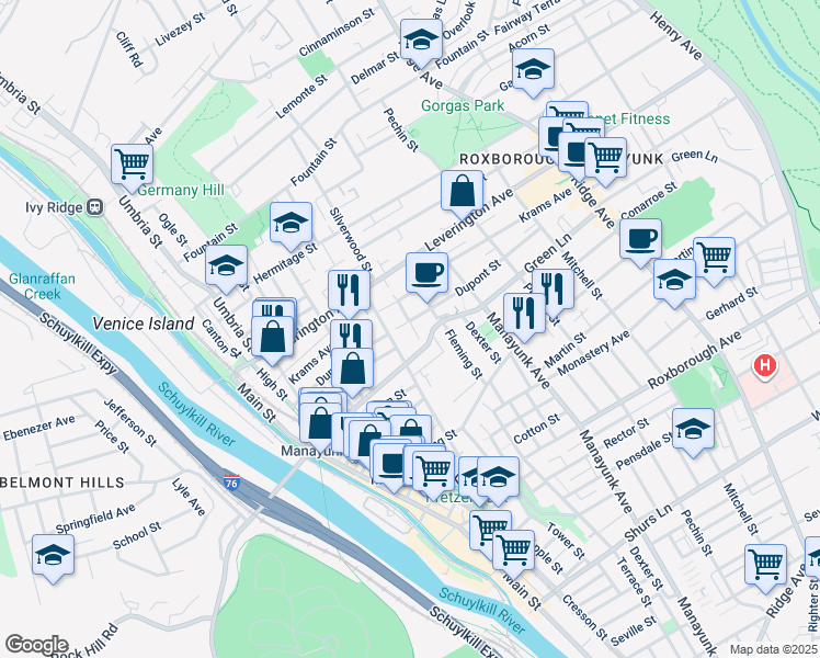 map of restaurants, bars, coffee shops, grocery stores, and more near 245-47 Dupont Place in Philadelphia