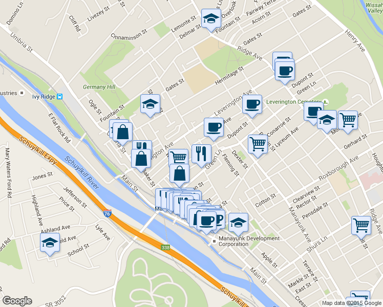 map of restaurants, bars, coffee shops, grocery stores, and more near 227 Krams Avenue in Philadelphia