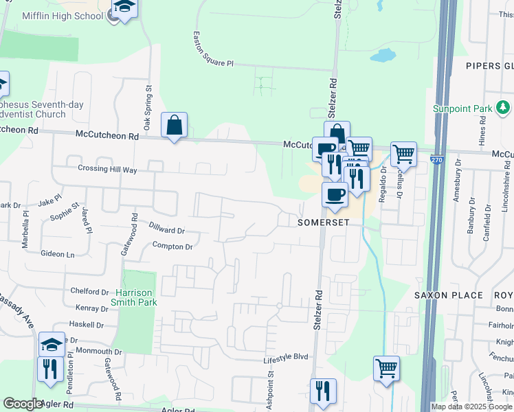 map of restaurants, bars, coffee shops, grocery stores, and more near 3753 Emery Club Way in Columbus