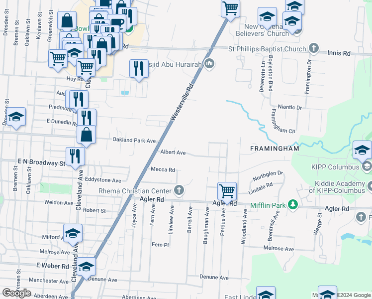 map of restaurants, bars, coffee shops, grocery stores, and more near 2182 Albert Avenue in Columbus