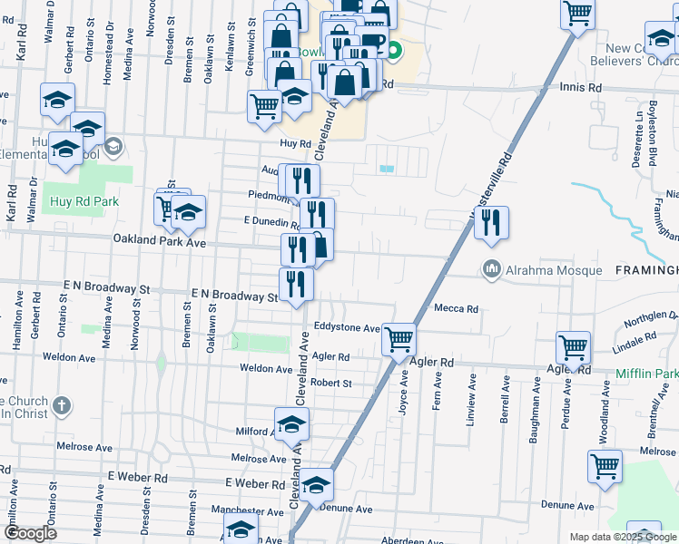map of restaurants, bars, coffee shops, grocery stores, and more near 1911 Oakland Park Avenue in Columbus