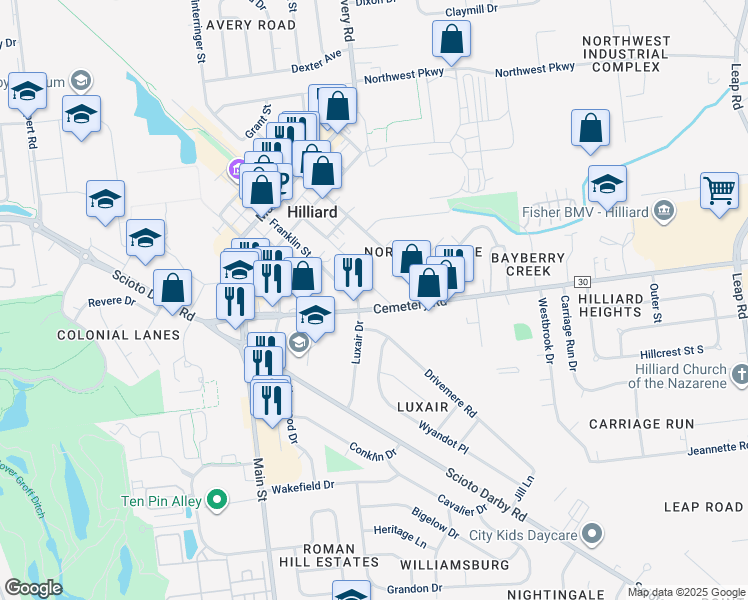map of restaurants, bars, coffee shops, grocery stores, and more near 5224 Cemetery Road in Hilliard