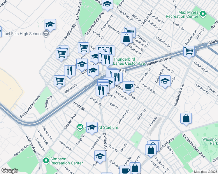 map of restaurants, bars, coffee shops, grocery stores, and more near 5424 Rutland Street in Philadelphia