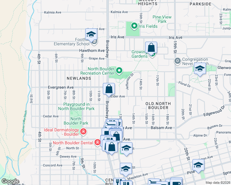 map of restaurants, bars, coffee shops, grocery stores, and more near 1265 Elder Avenue in Boulder