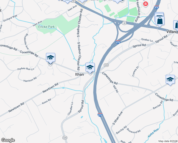 map of restaurants, bars, coffee shops, grocery stores, and more near 629 Conestoga Road in Villanova
