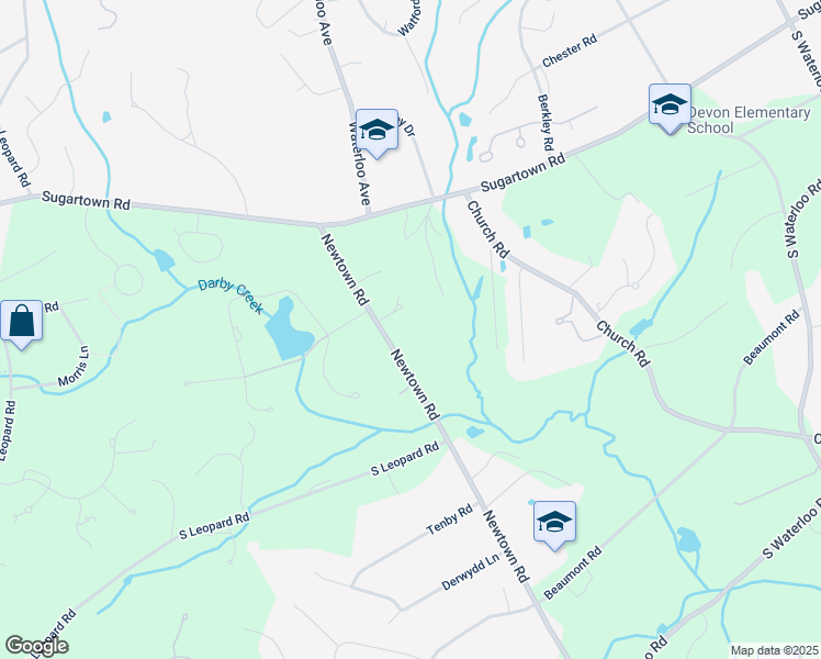 map of restaurants, bars, coffee shops, grocery stores, and more near 523 Newtown Road in Berwyn