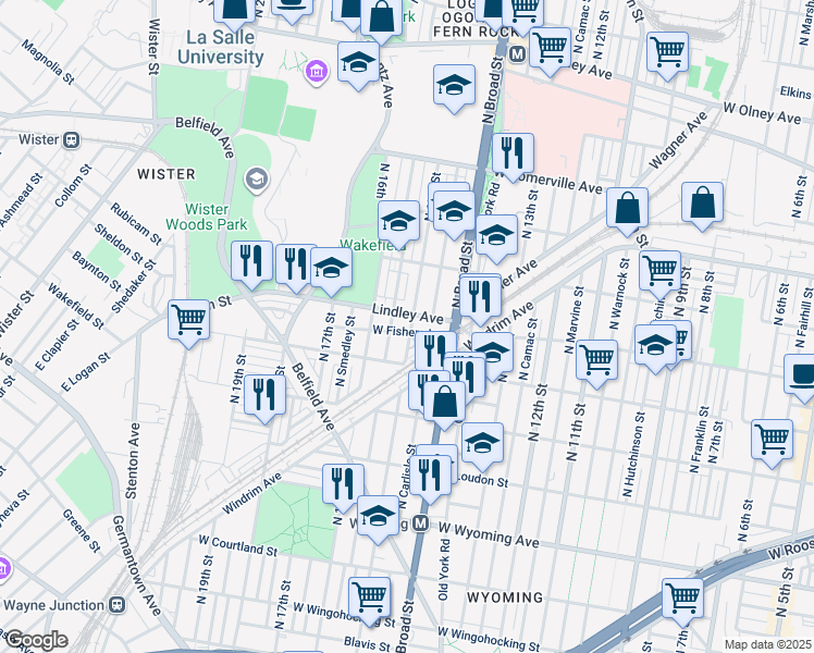 map of restaurants, bars, coffee shops, grocery stores, and more near 5054 North 15th Street in Philadelphia