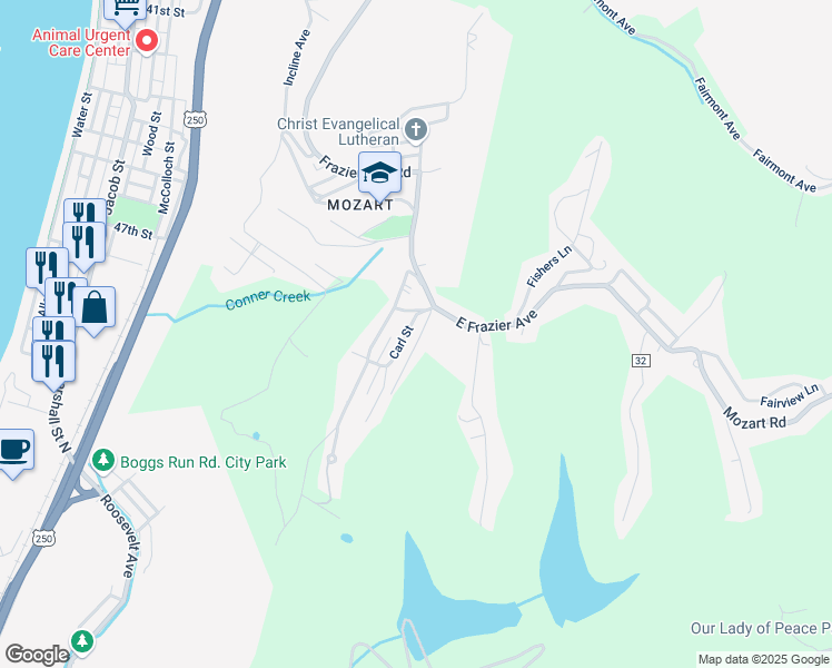 map of restaurants, bars, coffee shops, grocery stores, and more near 7 Ruth Avenue in Wheeling