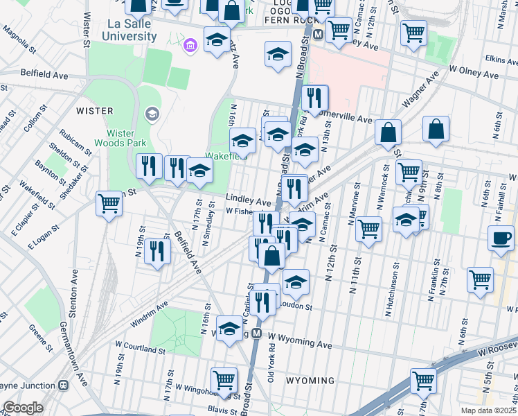 map of restaurants, bars, coffee shops, grocery stores, and more near 1424 Lindley Avenue in Philadelphia