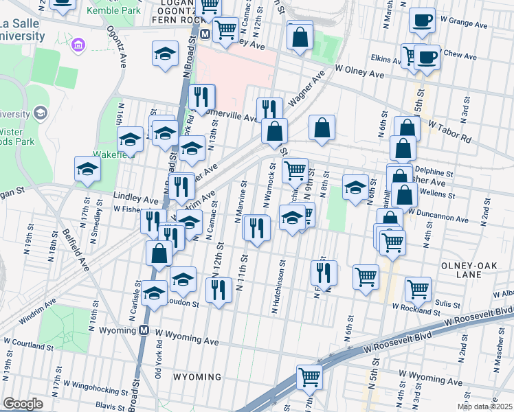 map of restaurants, bars, coffee shops, grocery stores, and more near 5115 North 11th Street in Philadelphia