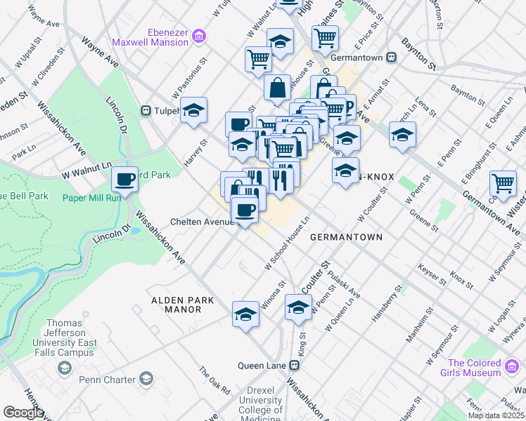map of restaurants, bars, coffee shops, grocery stores, and more near 240 West Chelten Avenue in Philadelphia