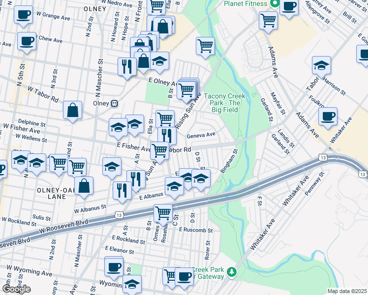 map of restaurants, bars, coffee shops, grocery stores, and more near 5342 Westford Road in Philadelphia