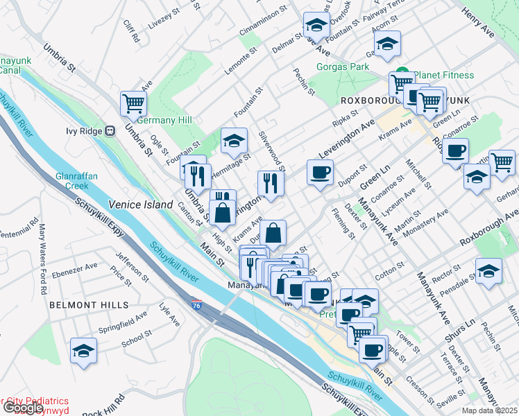 map of restaurants, bars, coffee shops, grocery stores, and more near 200 Krams Avenue in Philadelphia