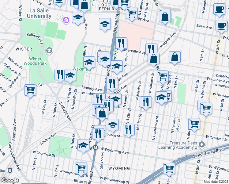 map of restaurants, bars, coffee shops, grocery stores, and more near 1319 Lindley Avenue in Philadelphia