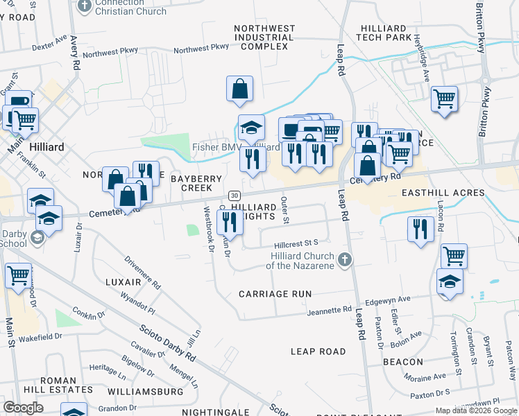 map of restaurants, bars, coffee shops, grocery stores, and more near 4822 Hillcrest Street North in Hilliard