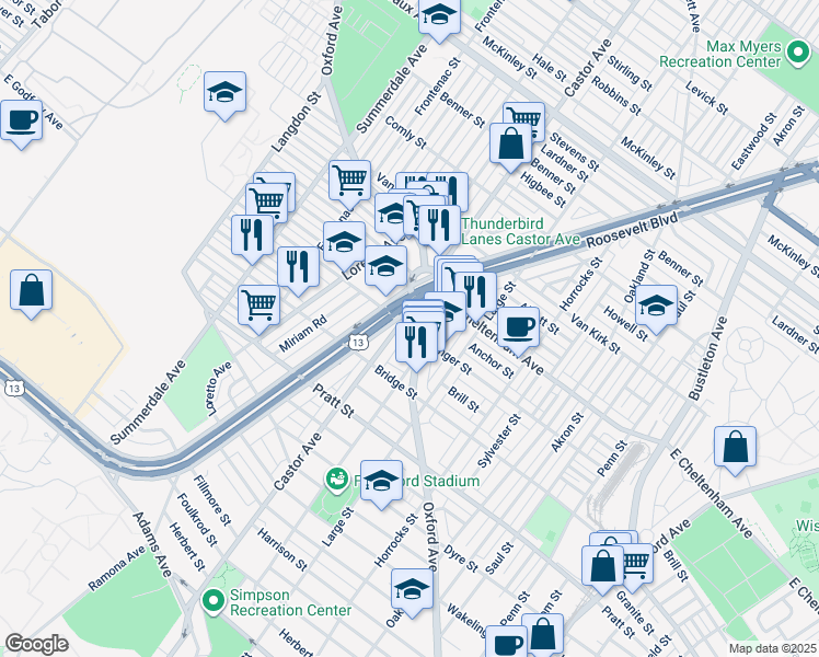 map of restaurants, bars, coffee shops, grocery stores, and more near 5432 Oxford Avenue in Philadelphia