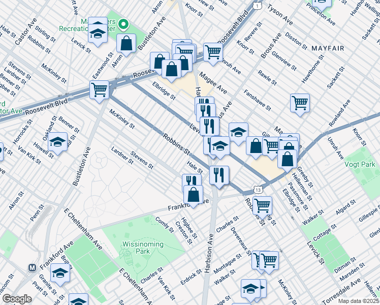 map of restaurants, bars, coffee shops, grocery stores, and more near 6300 Brous Avenue in Philadelphia