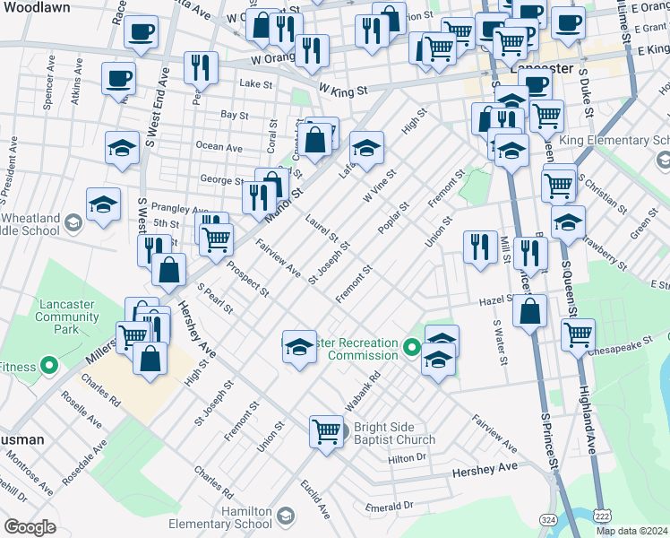 map of restaurants, bars, coffee shops, grocery stores, and more near 732 Saint Joseph Street in Lancaster