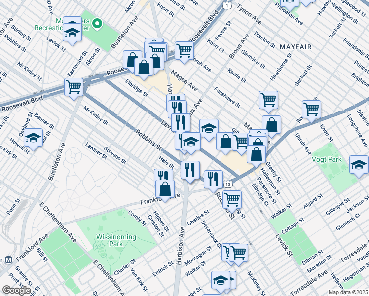 map of restaurants, bars, coffee shops, grocery stores, and more near 6309 Harbison Avenue in Philadelphia