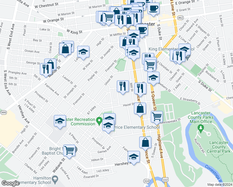 map of restaurants, bars, coffee shops, grocery stores, and more near 422 Hillside Avenue in Lancaster
