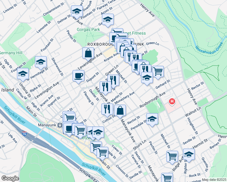 map of restaurants, bars, coffee shops, grocery stores, and more near 389 Lyceum Avenue in Philadelphia
