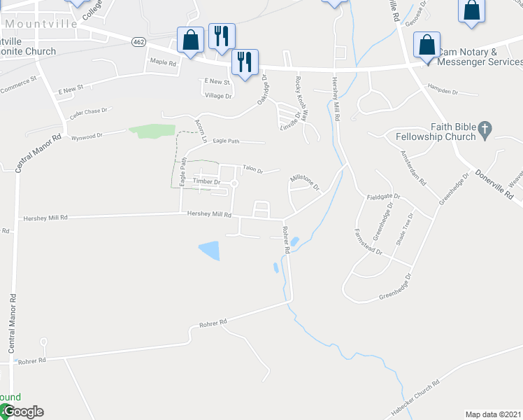 map of restaurants, bars, coffee shops, grocery stores, and more near Farmhouse Lane in Mountville