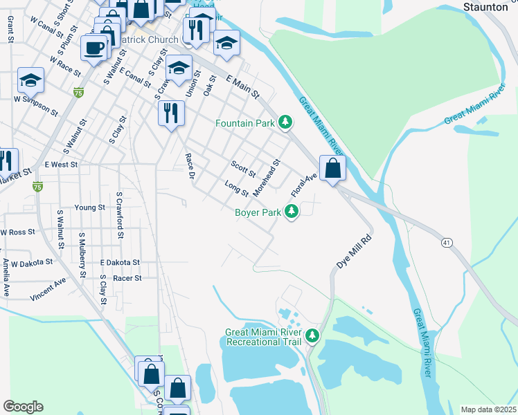 map of restaurants, bars, coffee shops, grocery stores, and more near 1110 Long Street in Troy