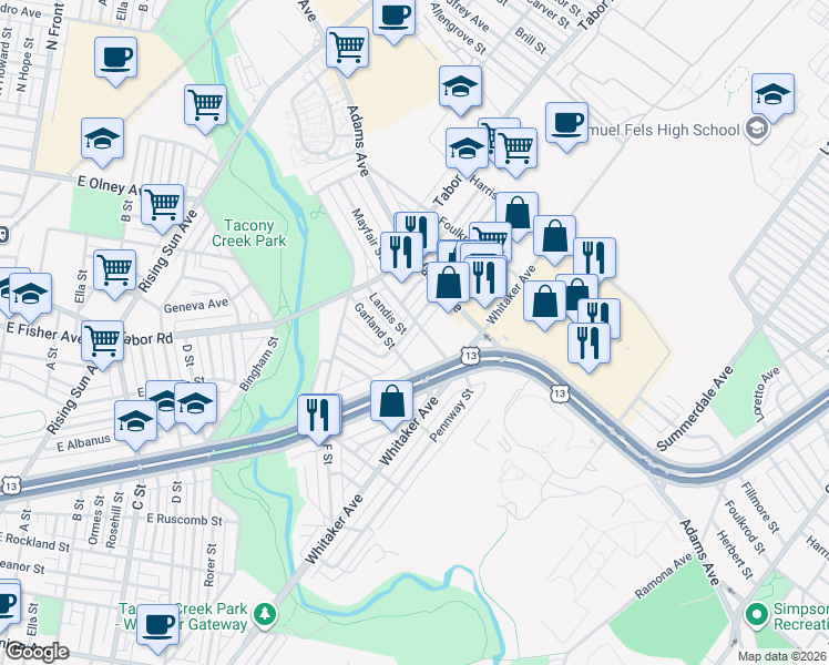 map of restaurants, bars, coffee shops, grocery stores, and more near 5227 Montour Street in Philadelphia
