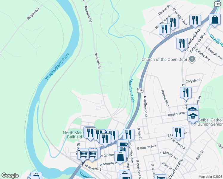 map of restaurants, bars, coffee shops, grocery stores, and more near 176 Narrows Rd in Connellsville