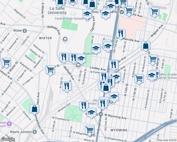 map of restaurants, bars, coffee shops, grocery stores, and more near 5038 North 16th Street in Philadelphia