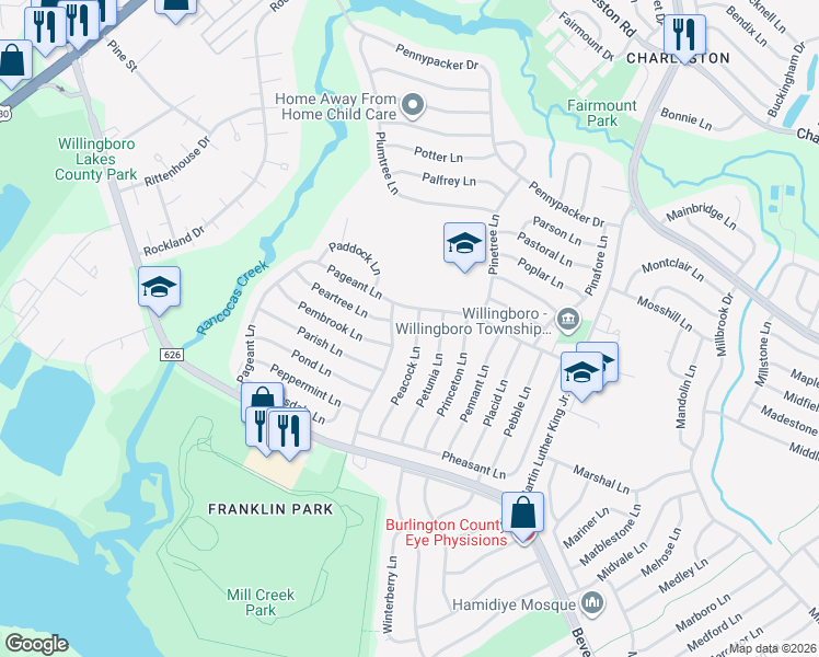 map of restaurants, bars, coffee shops, grocery stores, and more near 61 Peacock Lane in Willingboro