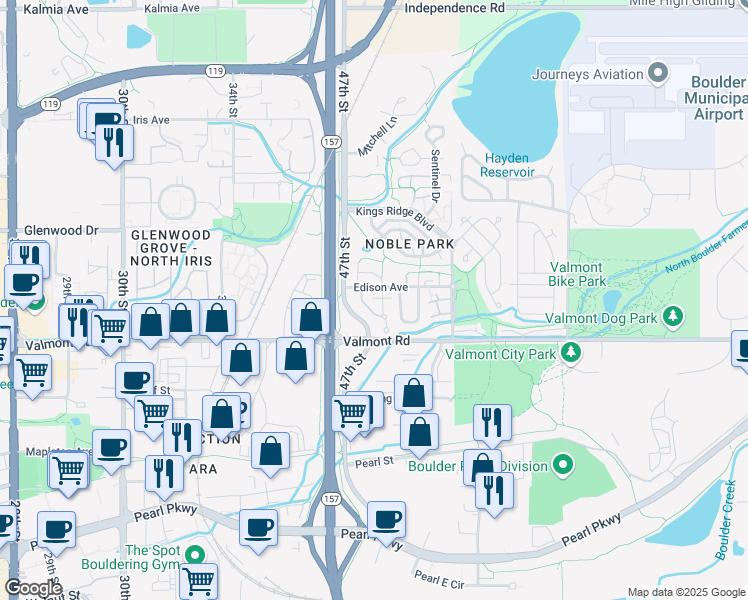 map of restaurants, bars, coffee shops, grocery stores, and more near 3083 Edison Court in Boulder
