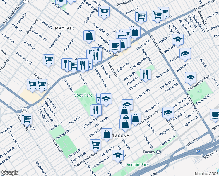 map of restaurants, bars, coffee shops, grocery stores, and more near 4237 Longshore Avenue in Philadelphia