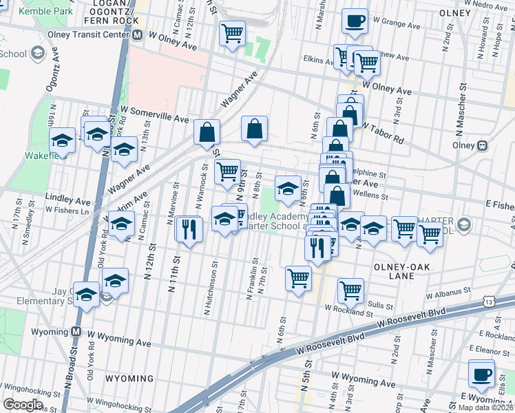 map of restaurants, bars, coffee shops, grocery stores, and more near 5153 North 8th Street in Philadelphia