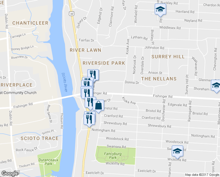map of restaurants, bars, coffee shops, grocery stores, and more near 2716 Fishinger Road in Columbus