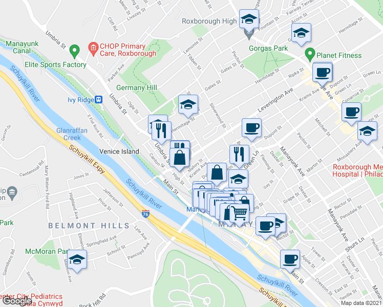 map of restaurants, bars, coffee shops, grocery stores, and more near 160 Leverington Avenue in Philadelphia