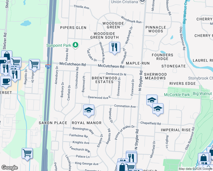 map of restaurants, bars, coffee shops, grocery stores, and more near 454 Denwood Court in Columbus