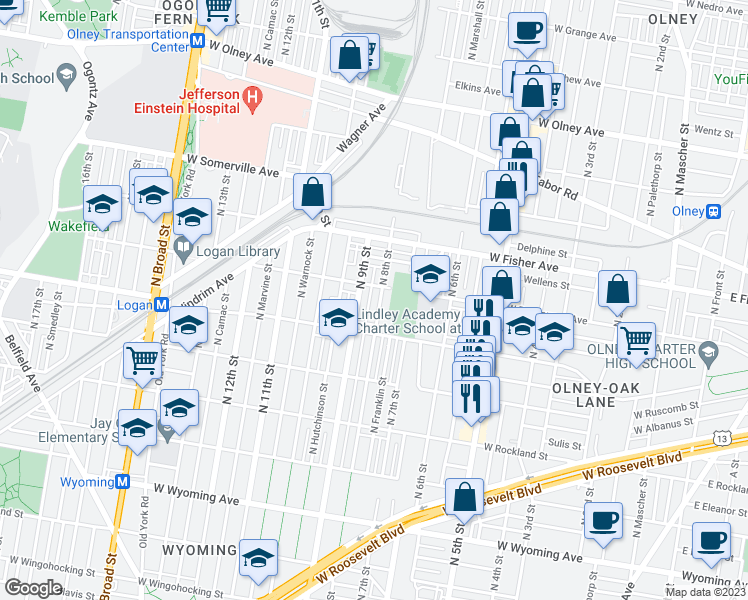 map of restaurants, bars, coffee shops, grocery stores, and more near 5150 North 8th Street in Philadelphia