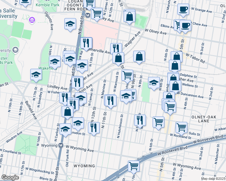 map of restaurants, bars, coffee shops, grocery stores, and more near 5116 North Warnock Street in Philadelphia