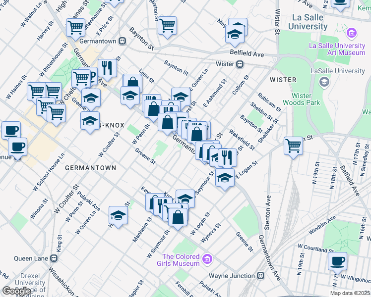 map of restaurants, bars, coffee shops, grocery stores, and more near 5124 Germantown Avenue in Philadelphia