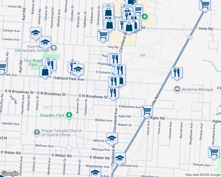 map of restaurants, bars, coffee shops, grocery stores, and more near 1786 East Kenworth Road in Columbus