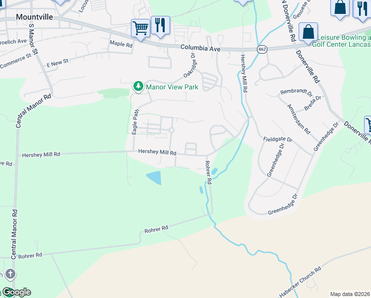 map of restaurants, bars, coffee shops, grocery stores, and more near Horseshoe Loop in Mountville