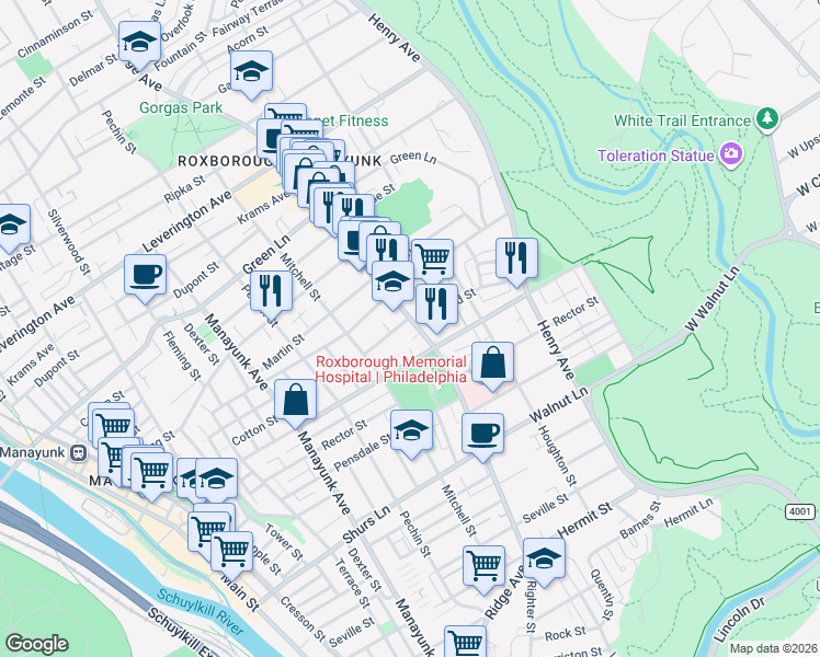 map of restaurants, bars, coffee shops, grocery stores, and more near 481 Monastery Avenue in Philadelphia