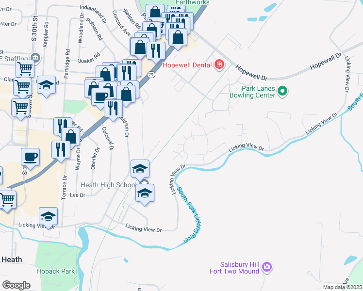 map of restaurants, bars, coffee shops, grocery stores, and more near 129 Woodsedge Circle in Heath