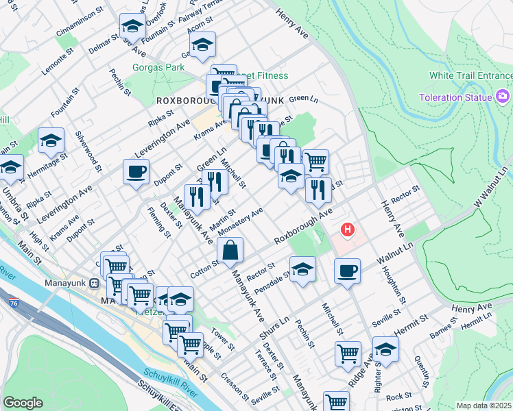 map of restaurants, bars, coffee shops, grocery stores, and more near 4359 Mitchell Street in Philadelphia
