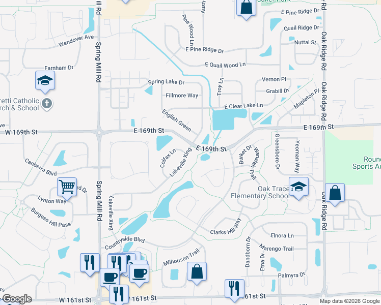 map of restaurants, bars, coffee shops, grocery stores, and more near 16801 Lakeville Crossing in Westfield