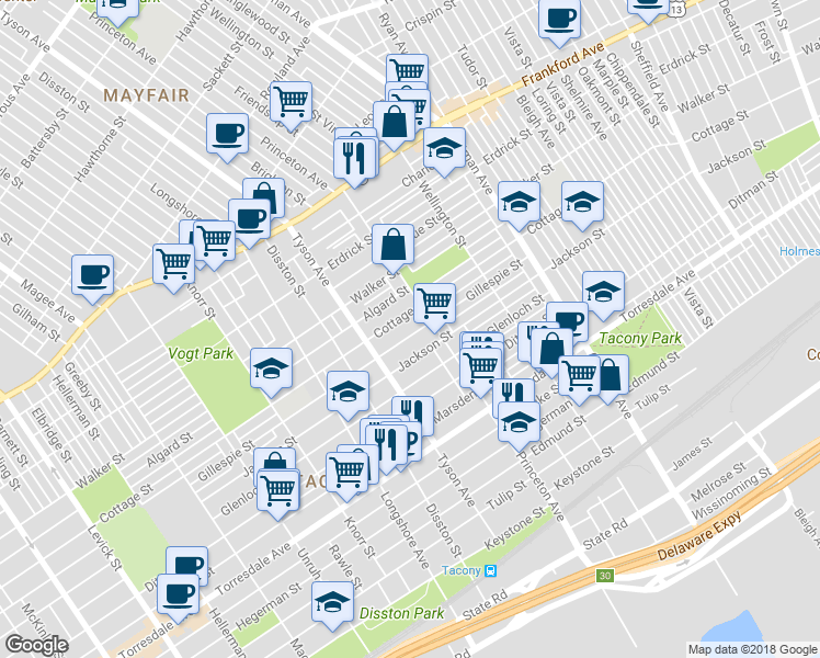 map of restaurants, bars, coffee shops, grocery stores, and more near 7032 Gillespie Street in Philadelphia