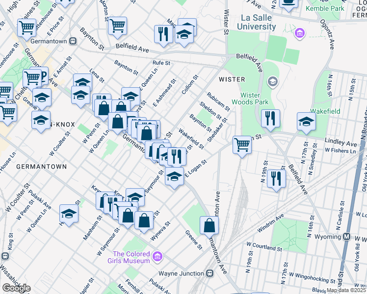 map of restaurants, bars, coffee shops, grocery stores, and more near 80 East Seymour Street in Philadelphia